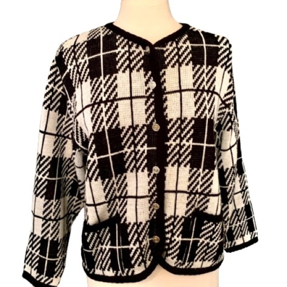 Vintage :: Black White Plaid Cardigan Tally Ho Pockets Sweater Grannycore M